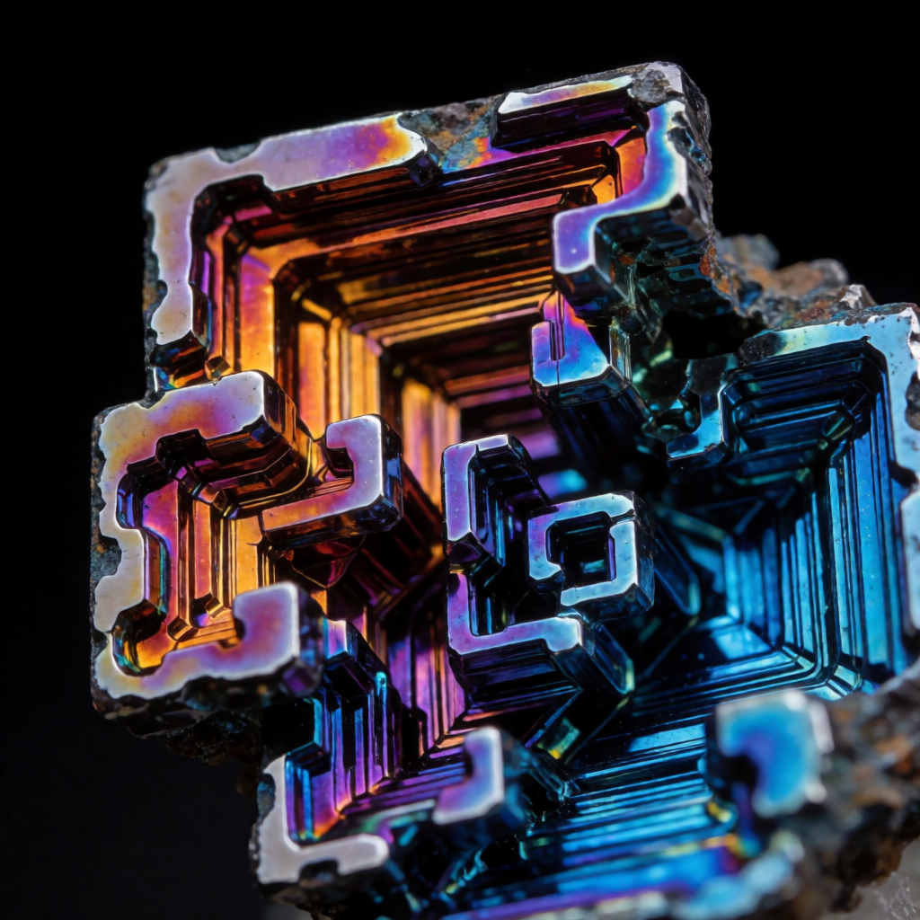 A specimen of bismuth crystal showing accurate iridescent ox
