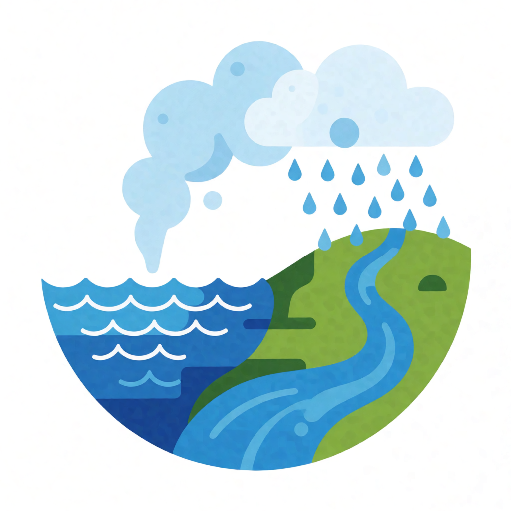 A detailed diagram of the water cycle showing evaporation fr
