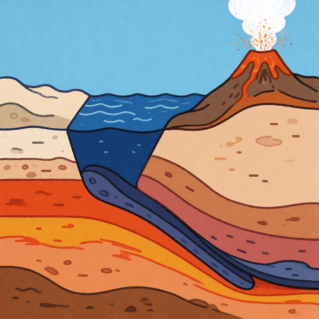 A cross-section showing tectonic plates at a convergent boun