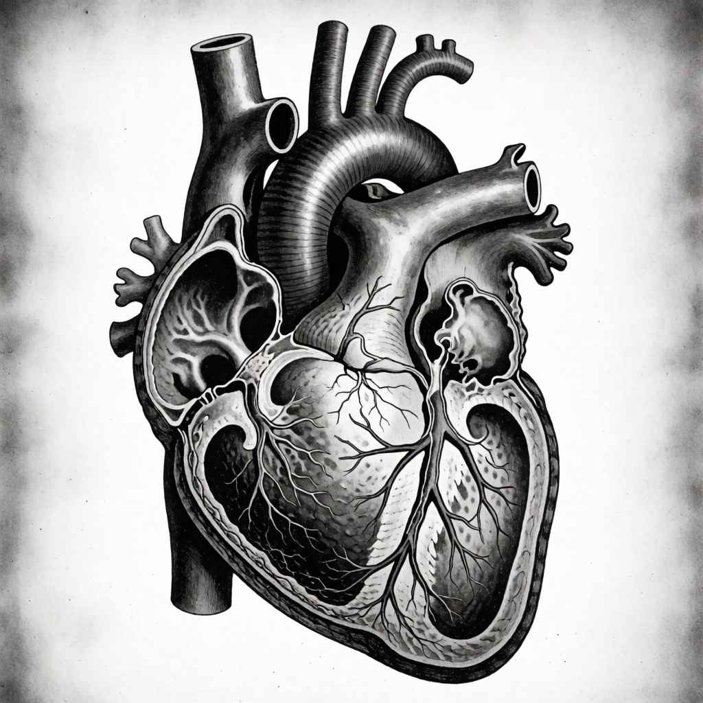 An anatomical illustration of the human heart showing four c