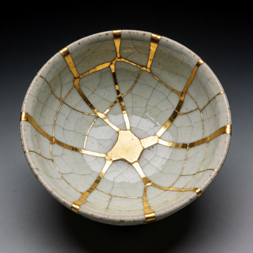 A Japanese kintsugi bowl — cracked ceramic repaired with vis