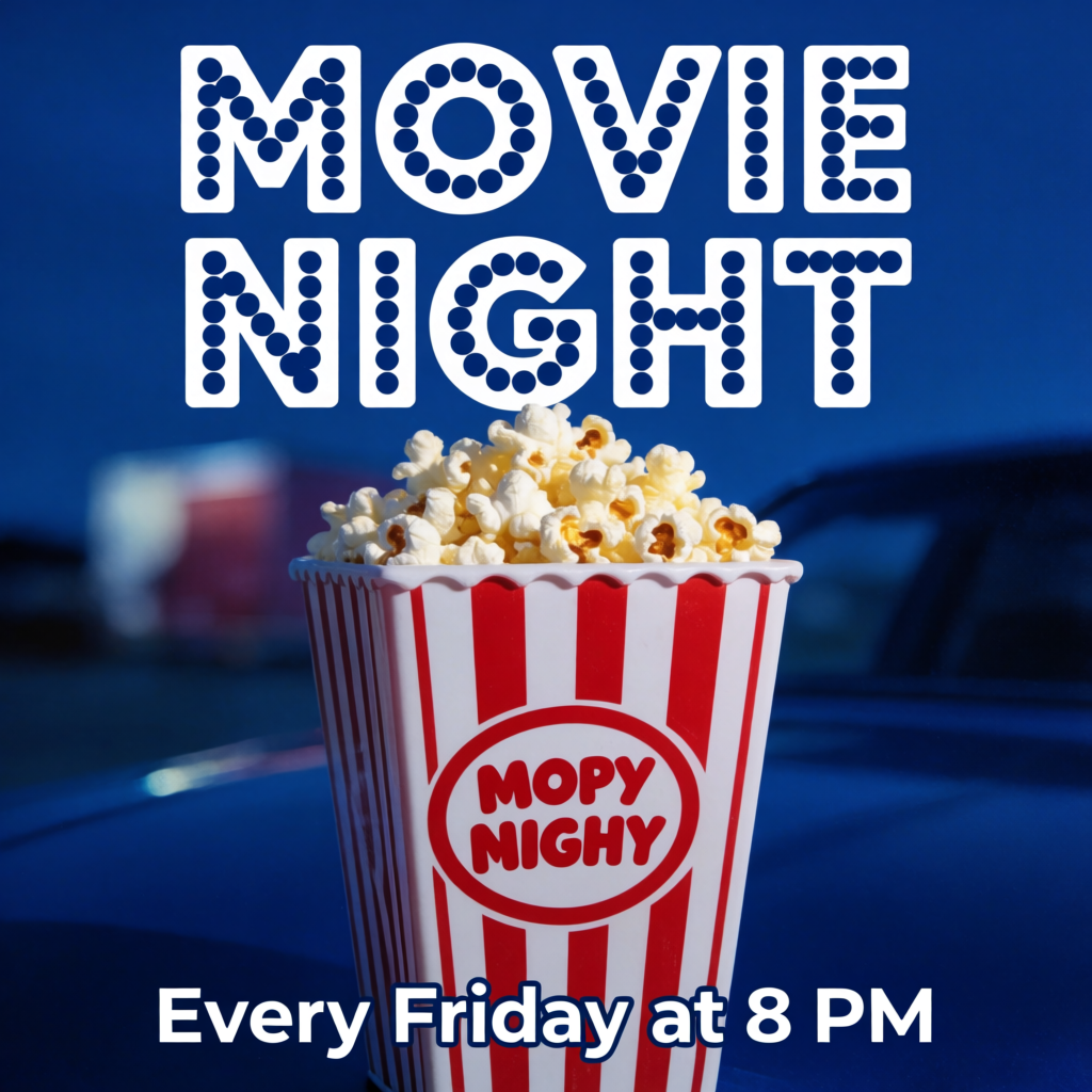 A movie night poster with a large popcorn image in the cente