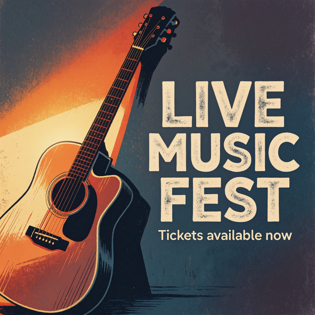 An event poster featuring a guitar illustration, the headlin