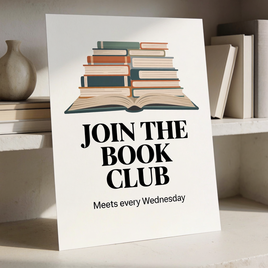 A book club poster with an open book illustration, the title