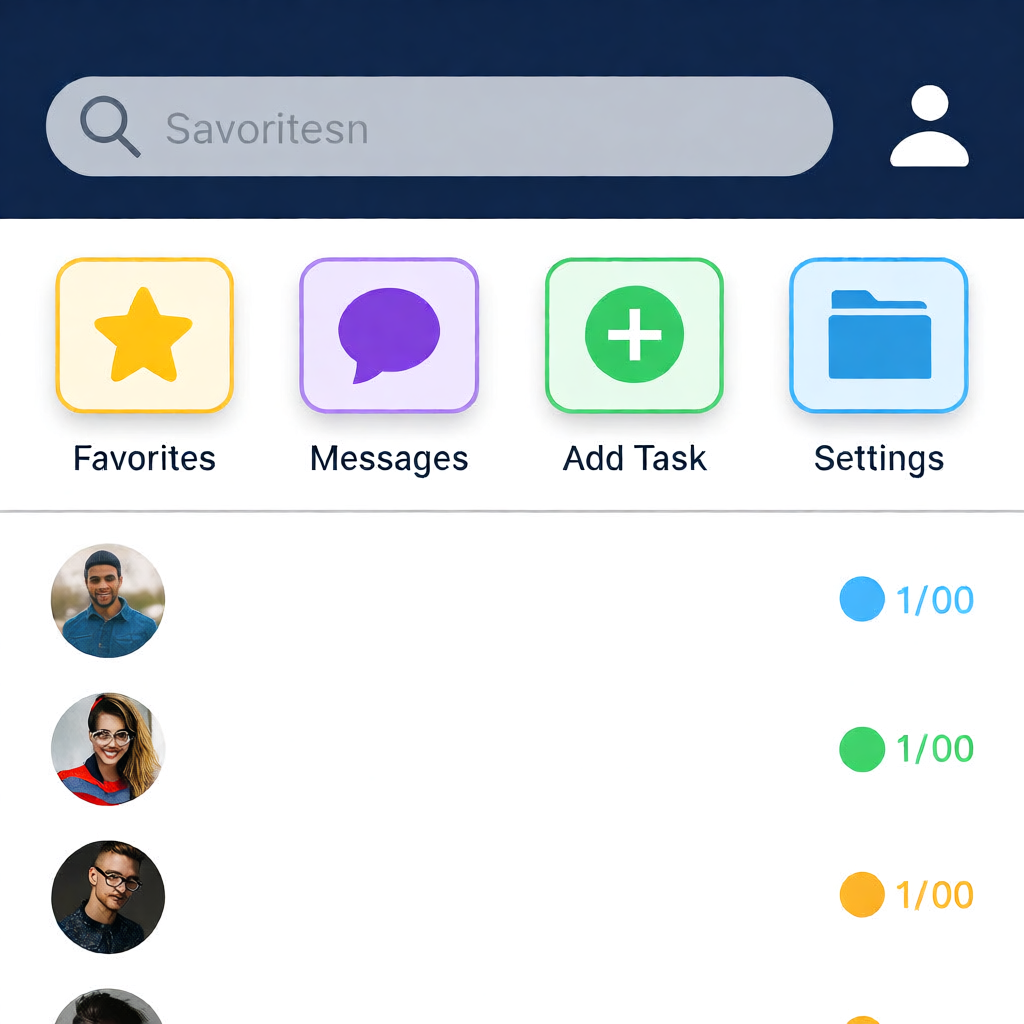A mobile app UI mockup showing a dashboard with a top naviga