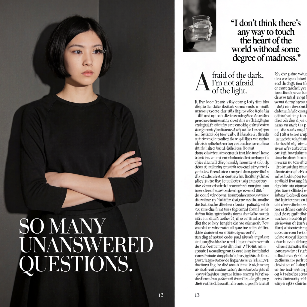 A fashion magazine spread with a full-bleed left-page photo,