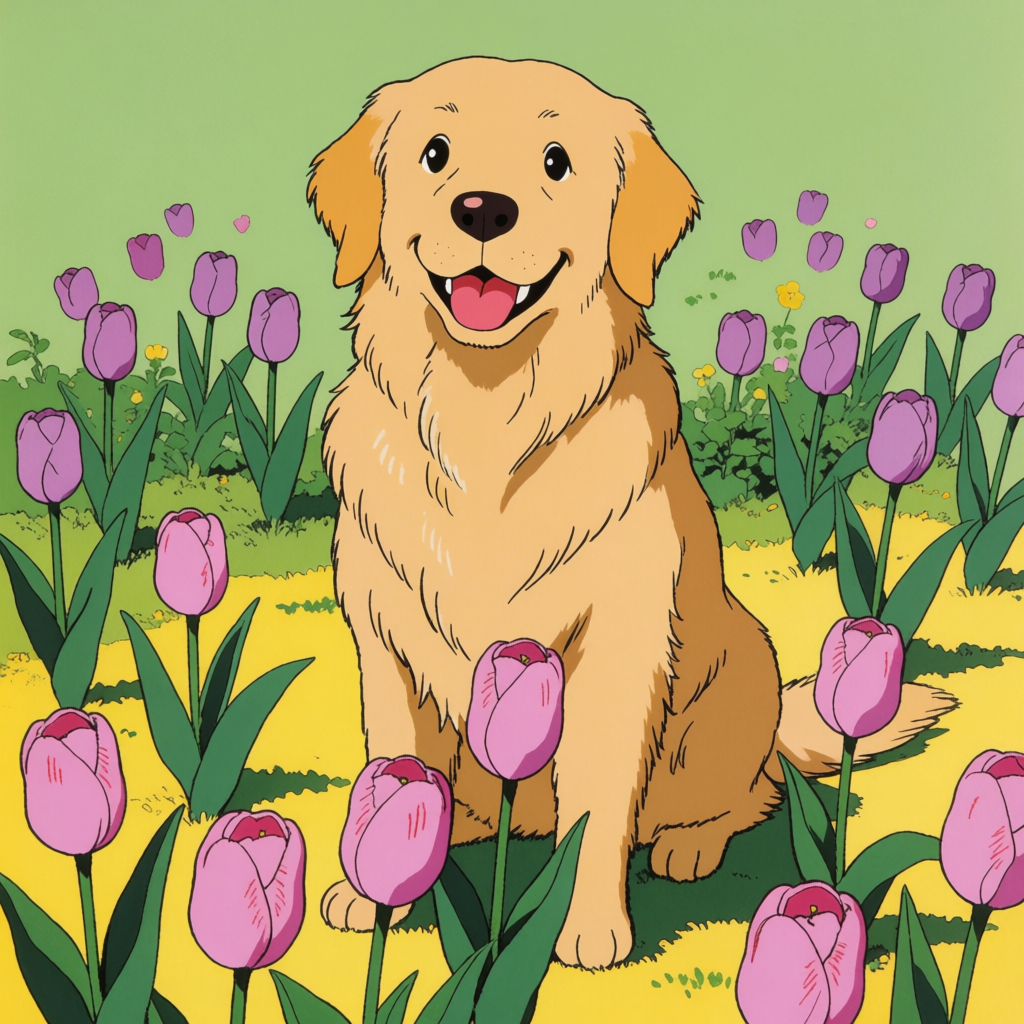 A golden retriever sitting in a garden, rendered in Japanese