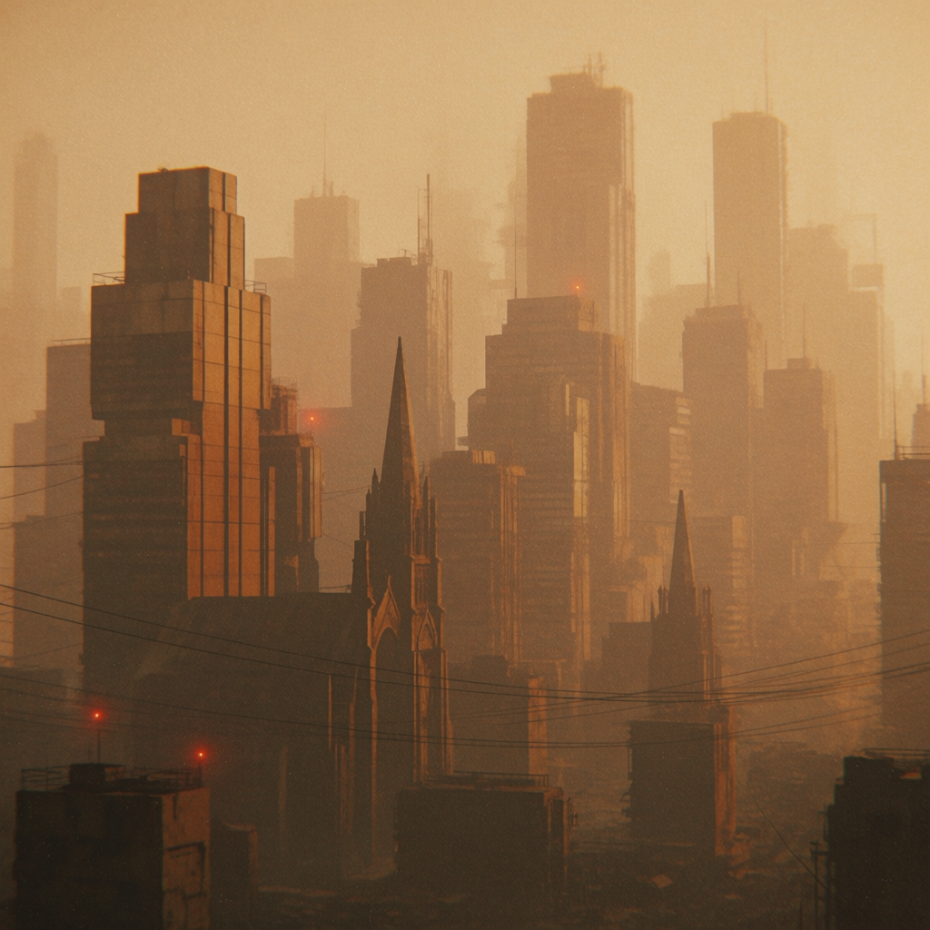 A cityscape rendered in nostalgic futurism — retro-futuristi