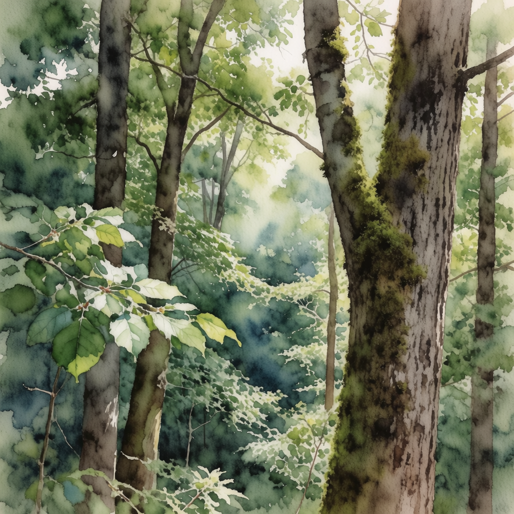 A forest rendered in photorealistic watercolor — the detail 