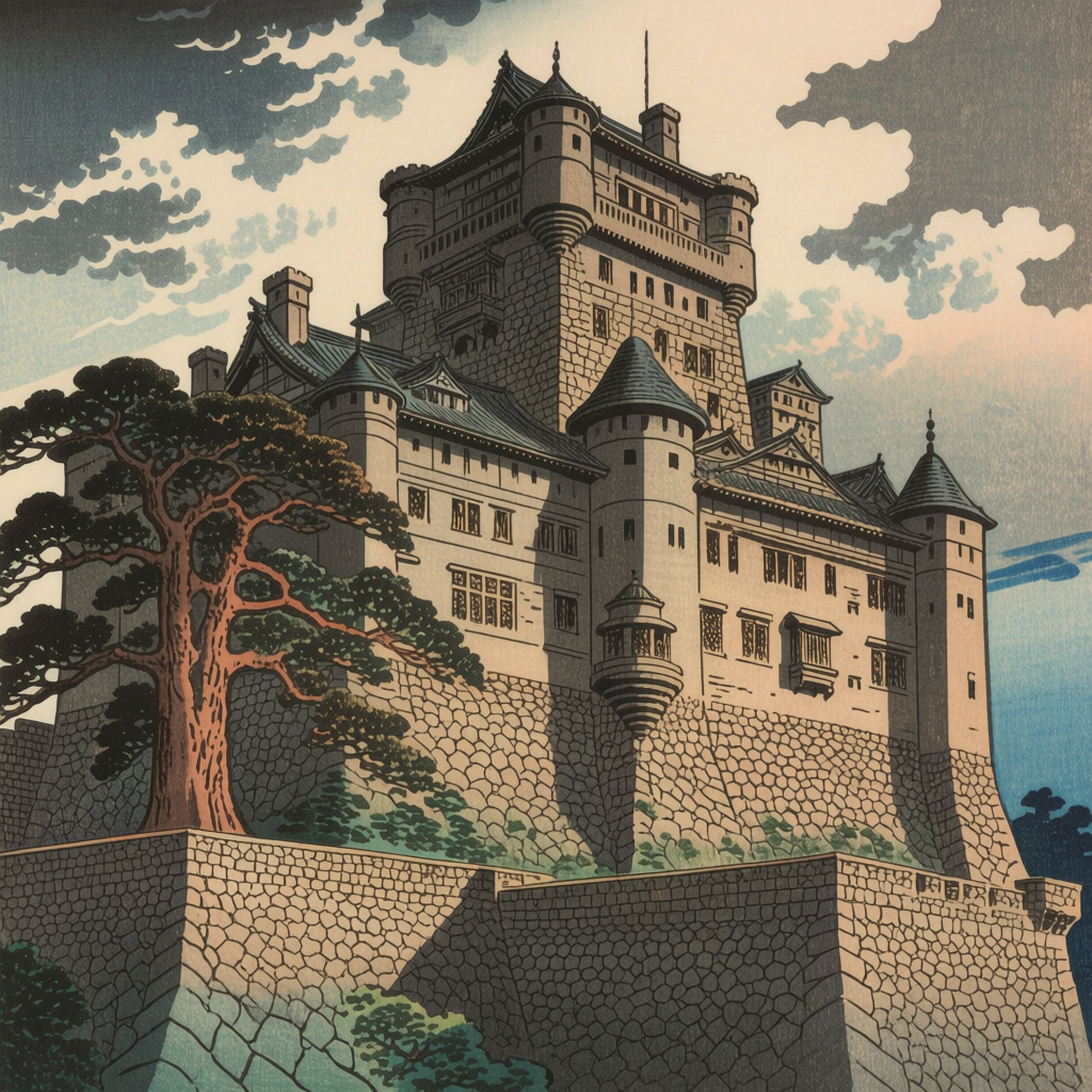 A medieval castle depicted in Japanese ukiyo-e woodblock pri