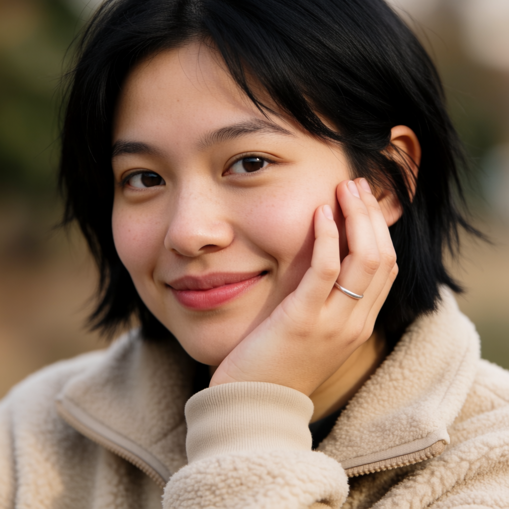 A close-up portrait of a young woman with a warm natural smi