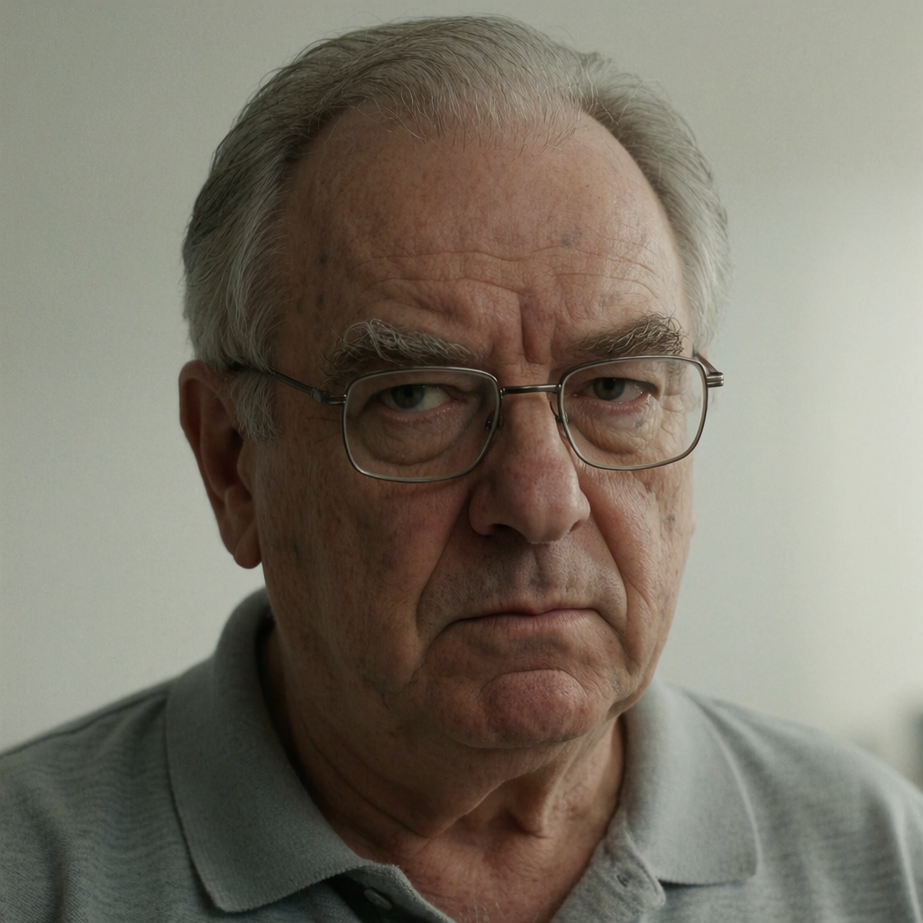 An elderly man in his 70s with age spots and thinning gray h