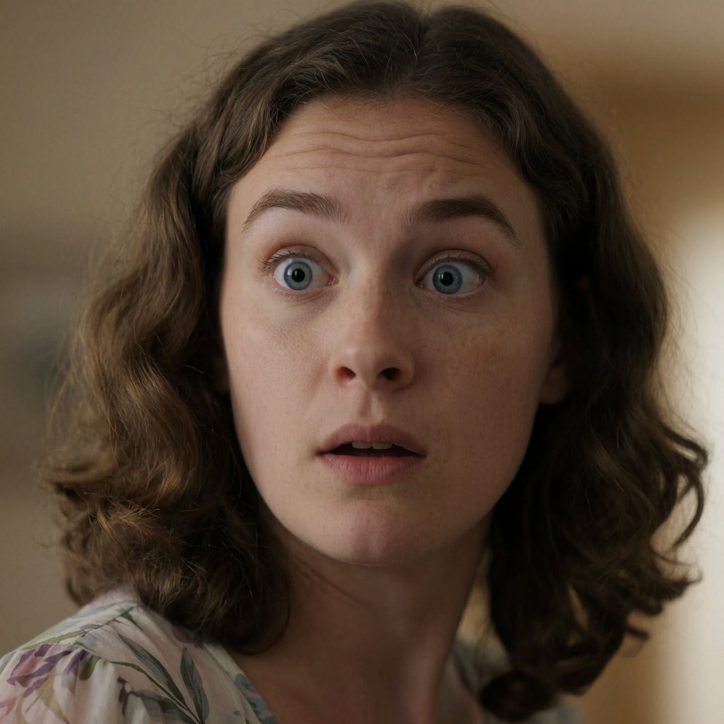 A portrait capturing genuine surprise — raised eyebrows, wid