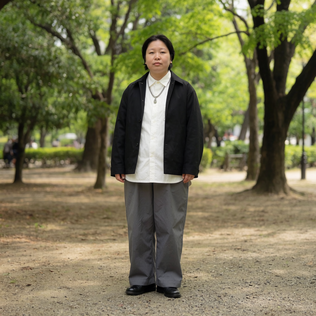 A person standing in a neutral pose in a park, full body vis