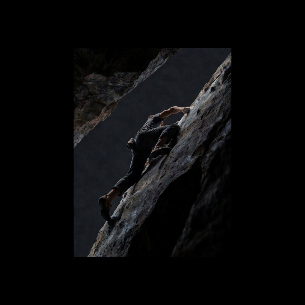 A rock climber clinging to a cliff face with arms and legs e