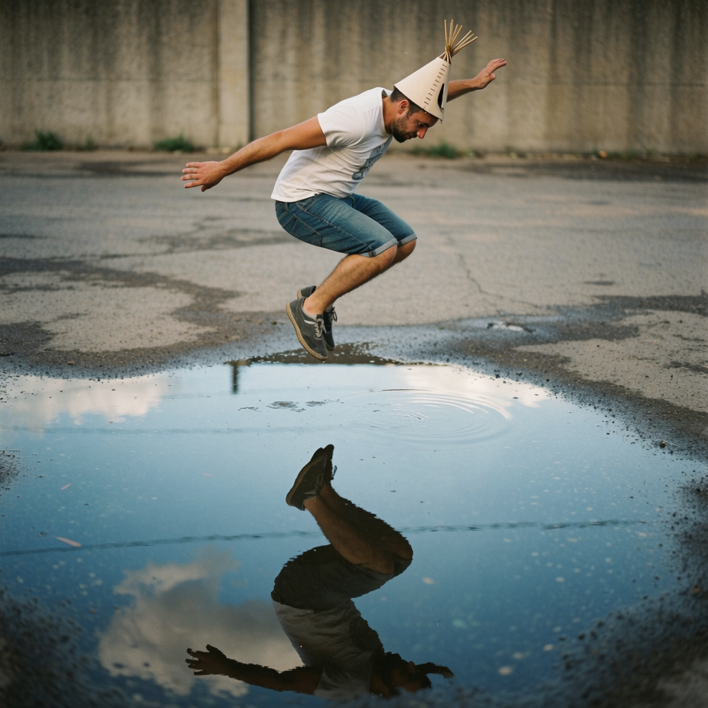 A man captured mid-jump over a puddle, body in the air with 