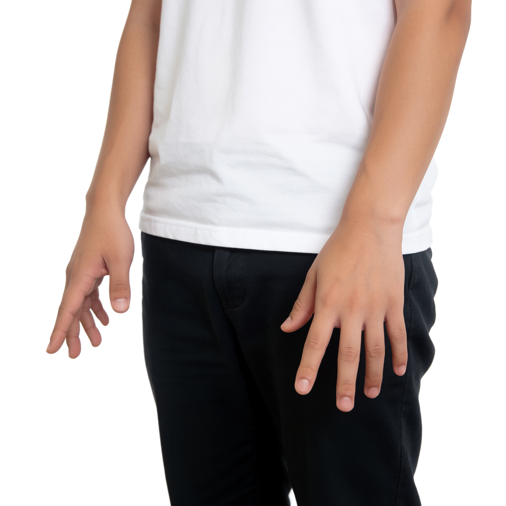 A person standing with both hands visible at their sides, fi