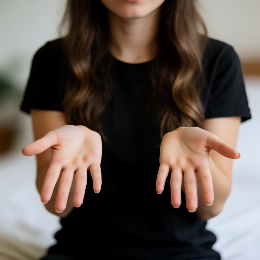 A woman holding her hands out in front of her palms-up, all 