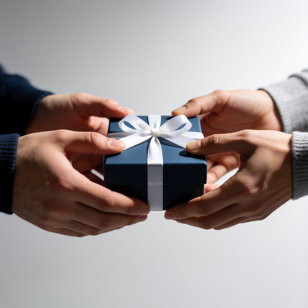One person handing a small gift box to another person, both 