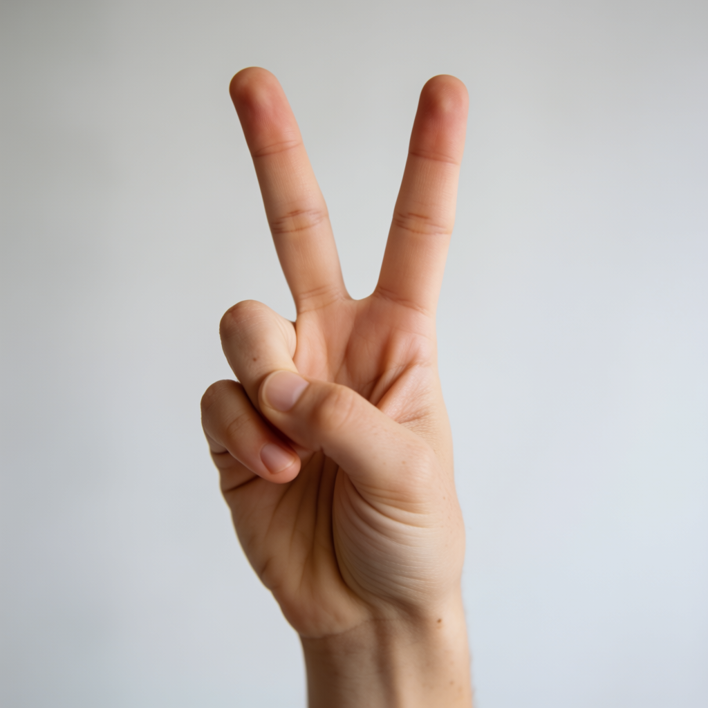 A person making a peace sign with their right hand, clearly 