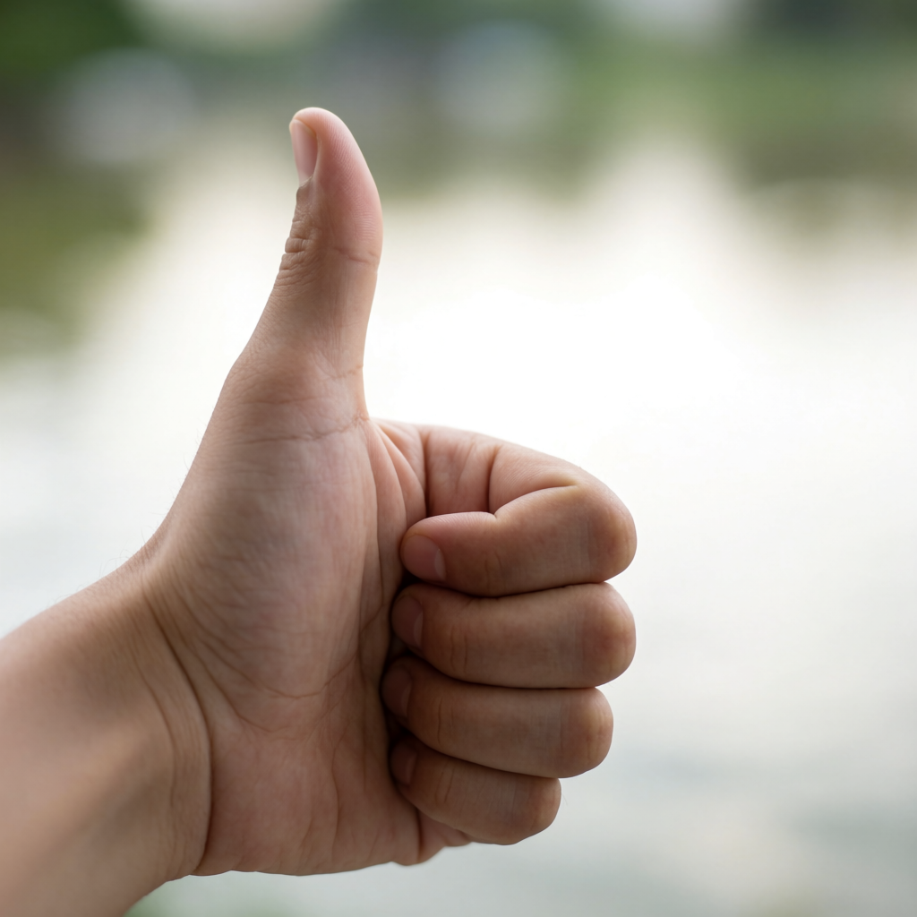 A hand giving a thumbs-up with four fingers curled and thumb