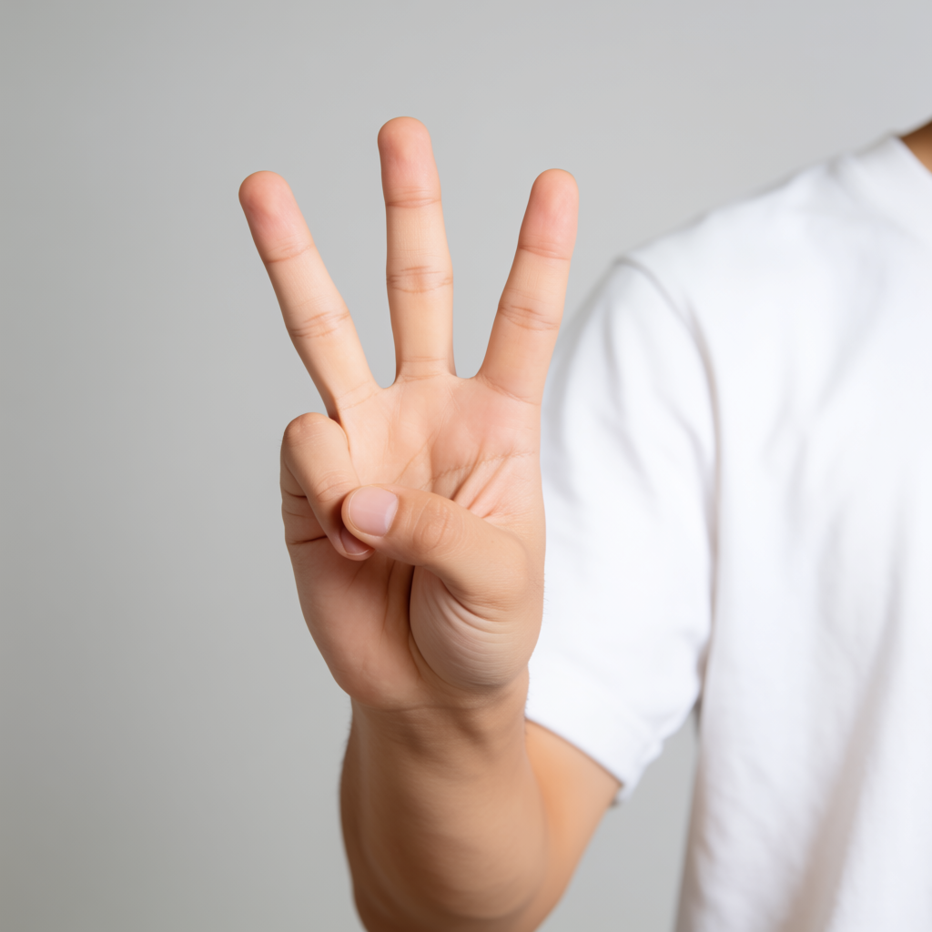 A person counting to three on their fingers, with index, mid