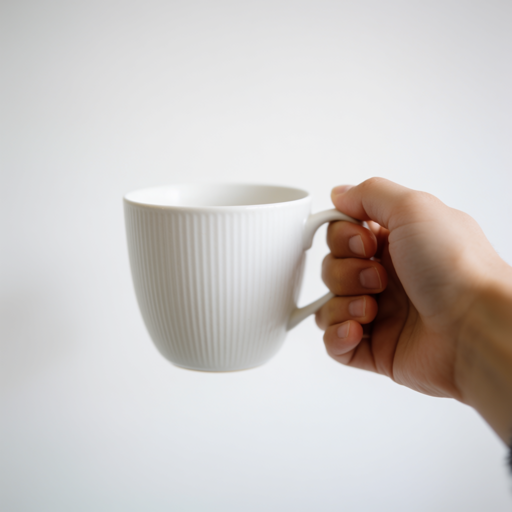 A person holding a white ceramic coffee mug by the handle wi