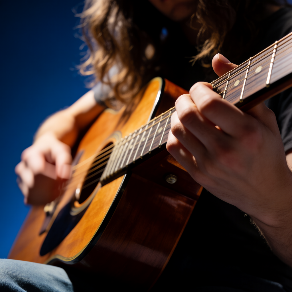 A person playing an acoustic guitar with left hand on the fr