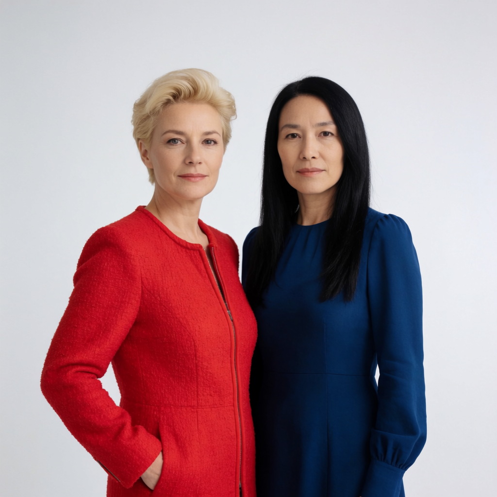 Two women standing side by side: one with short blonde hair 