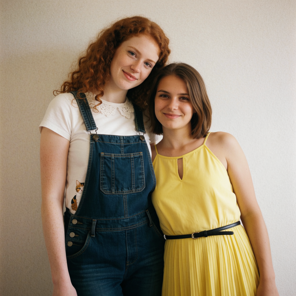 Two friends posing: one tall with curly red hair in denim ov