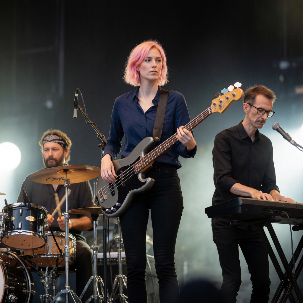 Three musicians on stage: a tall woman with short pink hair 