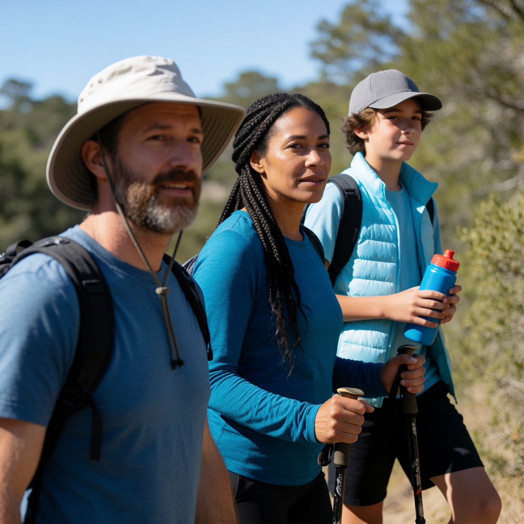 Three hikers on a trail: a man with a backpack and sunhat, a