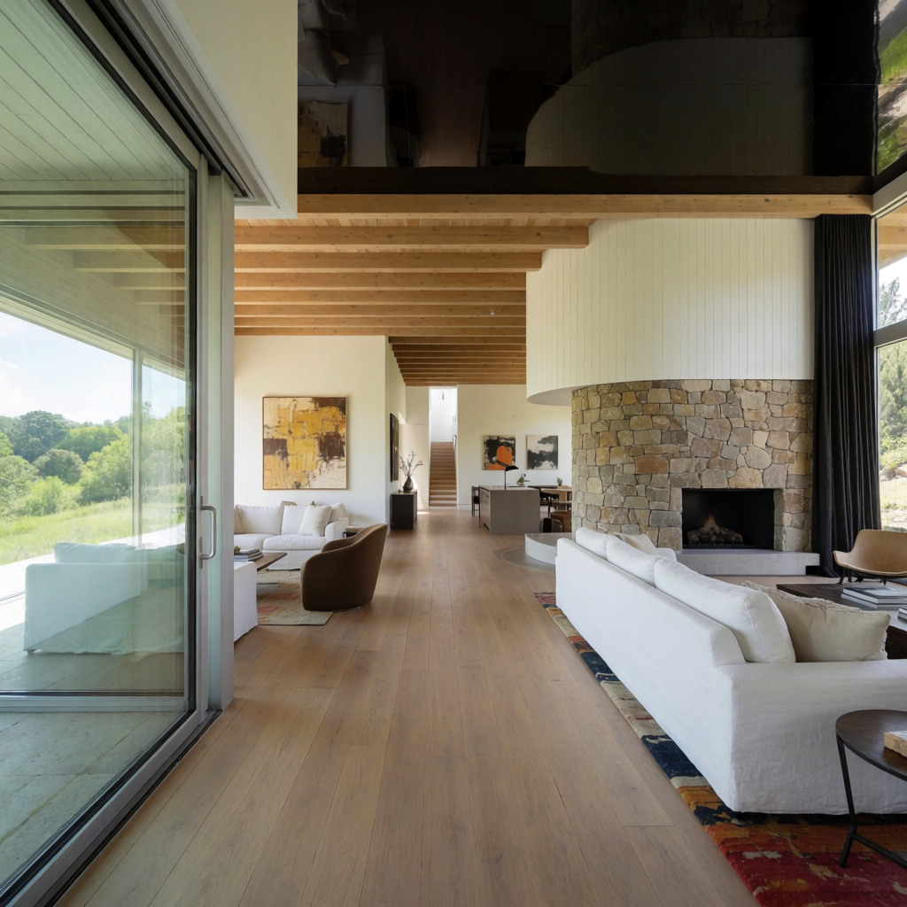 A wide-angle shot of a modern living room interior showing e