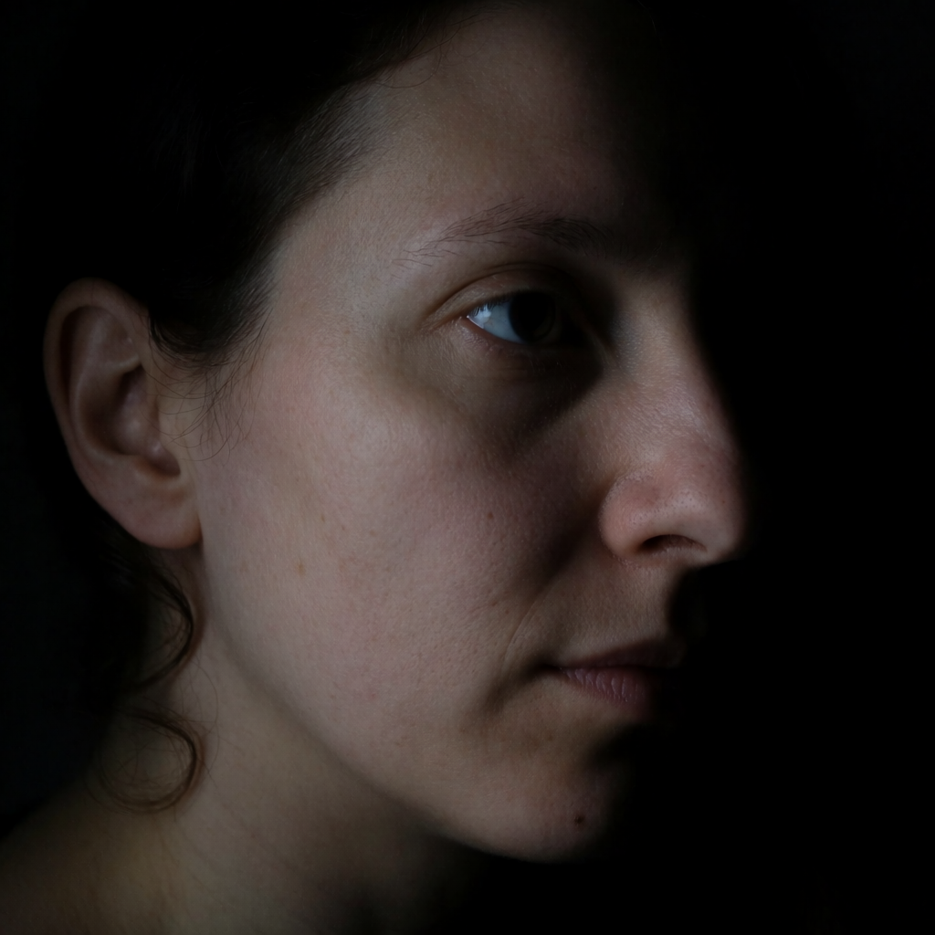 A portrait with dramatic split lighting — half the face brig