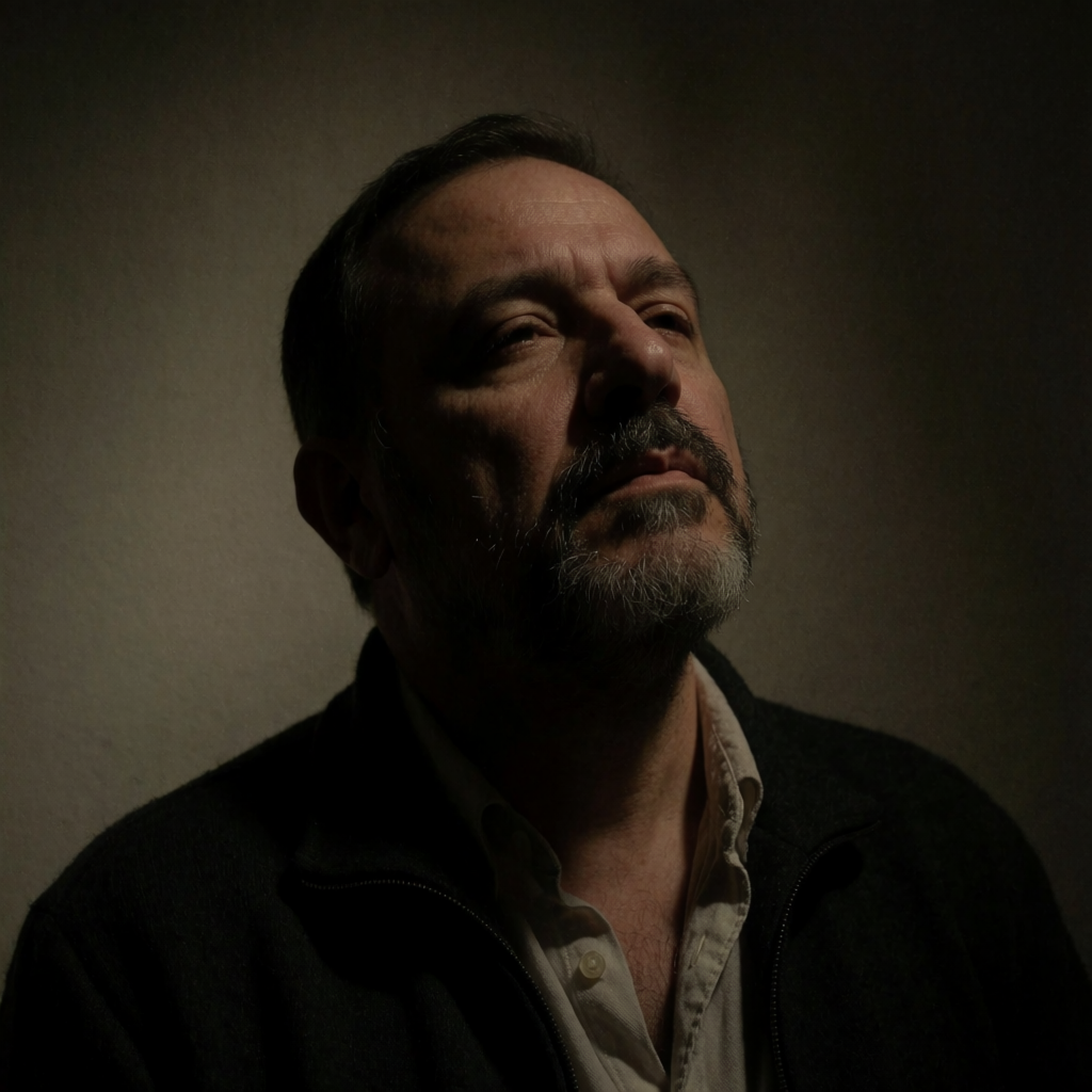 A portrait lit with classic Rembrandt lighting — triangle of