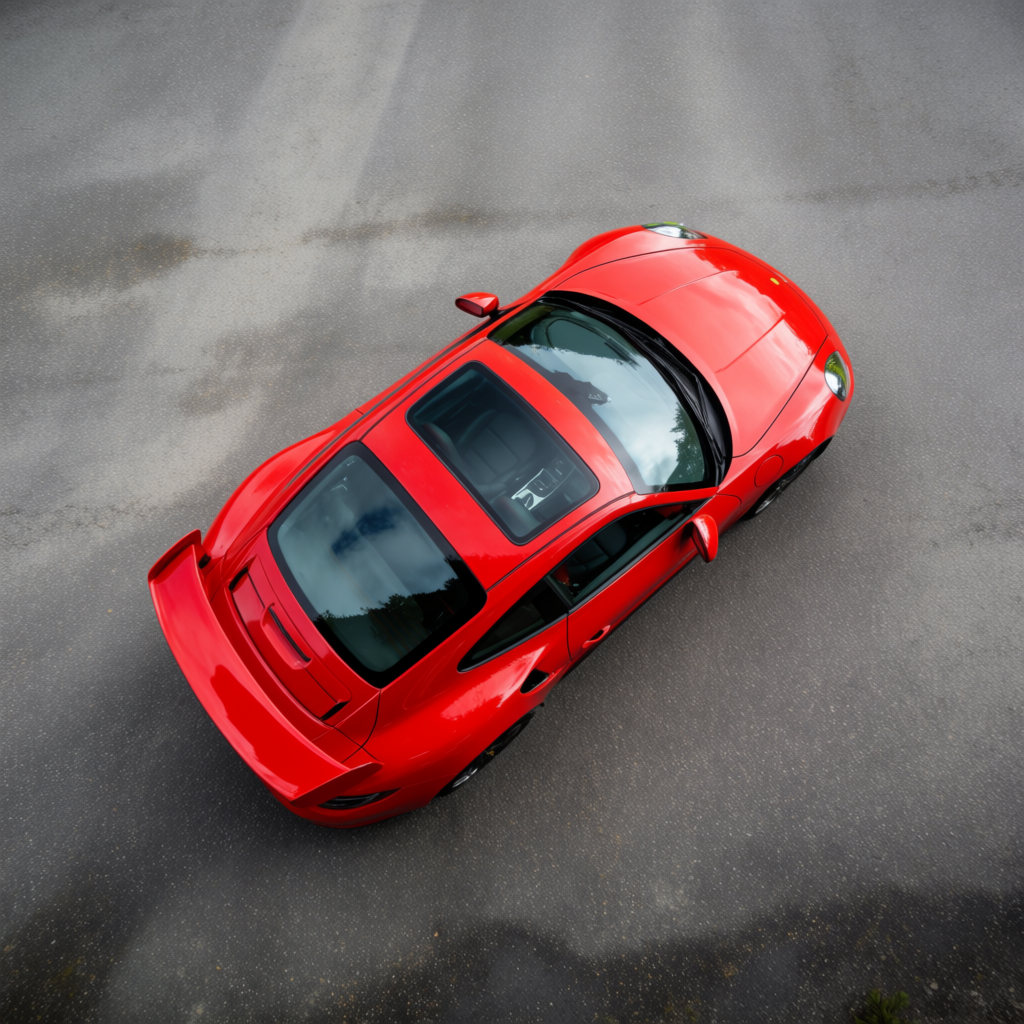 A bright red sports car parked on a gray asphalt road — the 