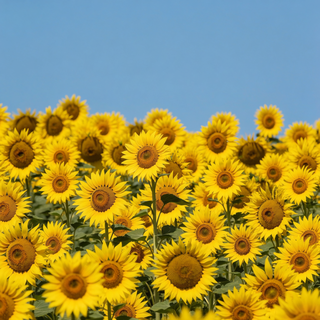 A field of pure sunflower yellow flowers under a clear blue 