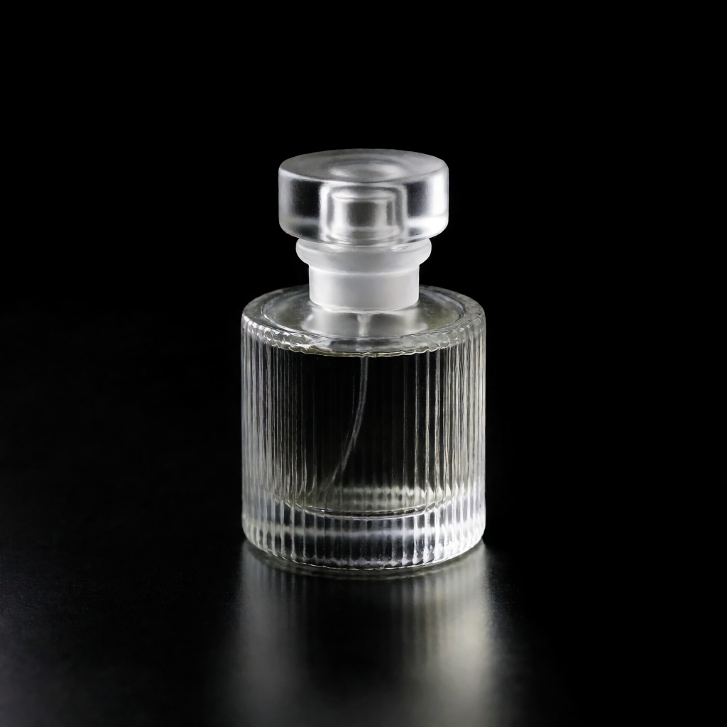 A clear glass perfume bottle on a reflective black surface w