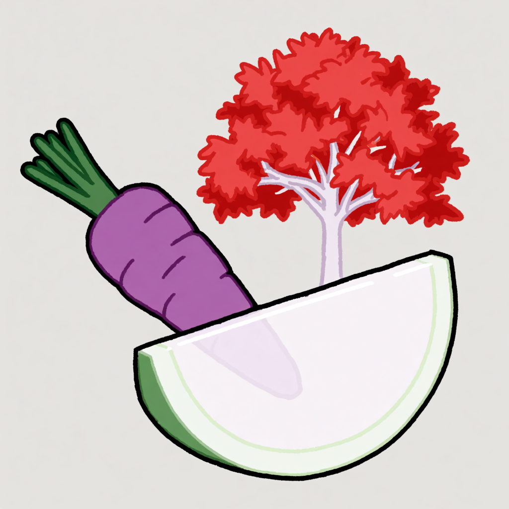 A purple carrot, a red tree with red leaves, and a white wat