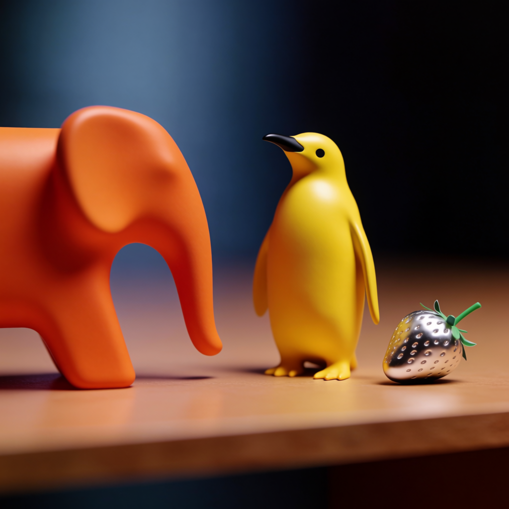 An orange elephant, a yellow penguin, and a silver strawberr