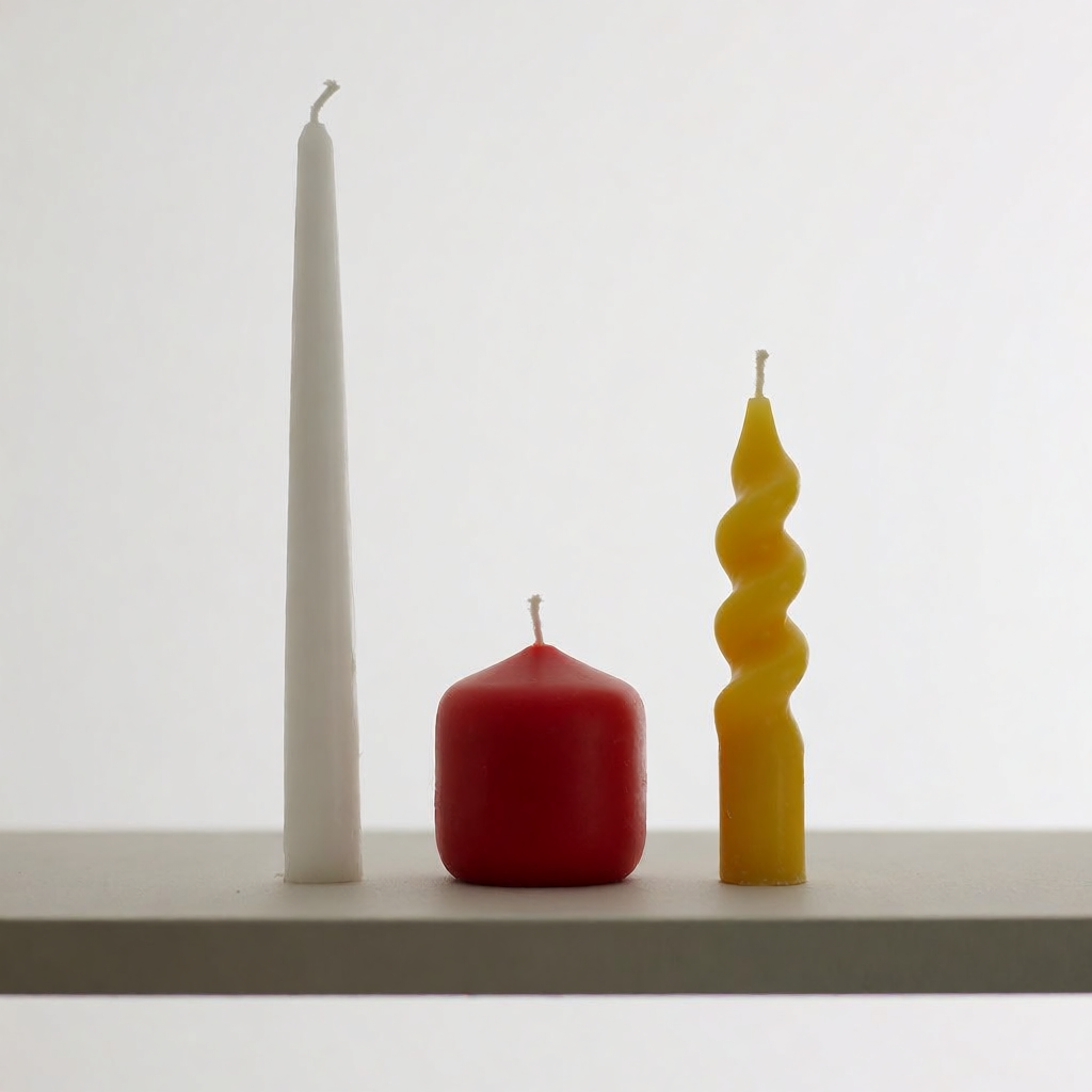 A tall thin white candle, a short fat red candle, and a medi