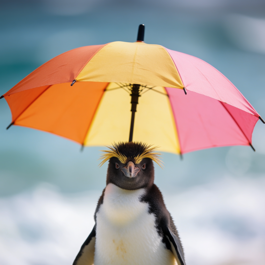 A penguin holding a colorful umbrella