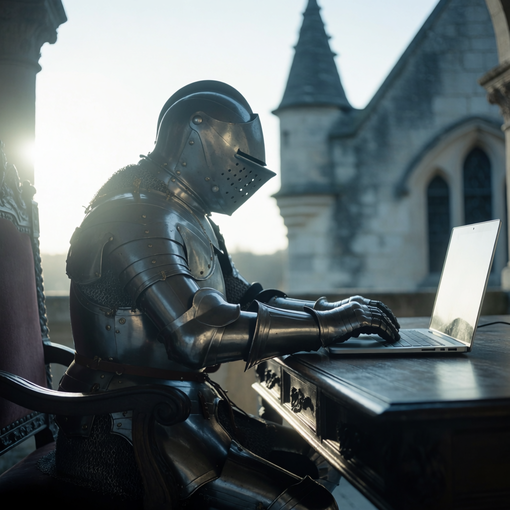 A medieval knight in full armor sitting at a desk typing on 