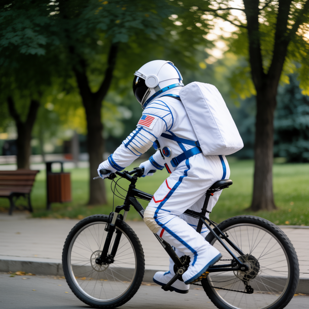 An astronaut in a spacesuit riding a bicycle through a park