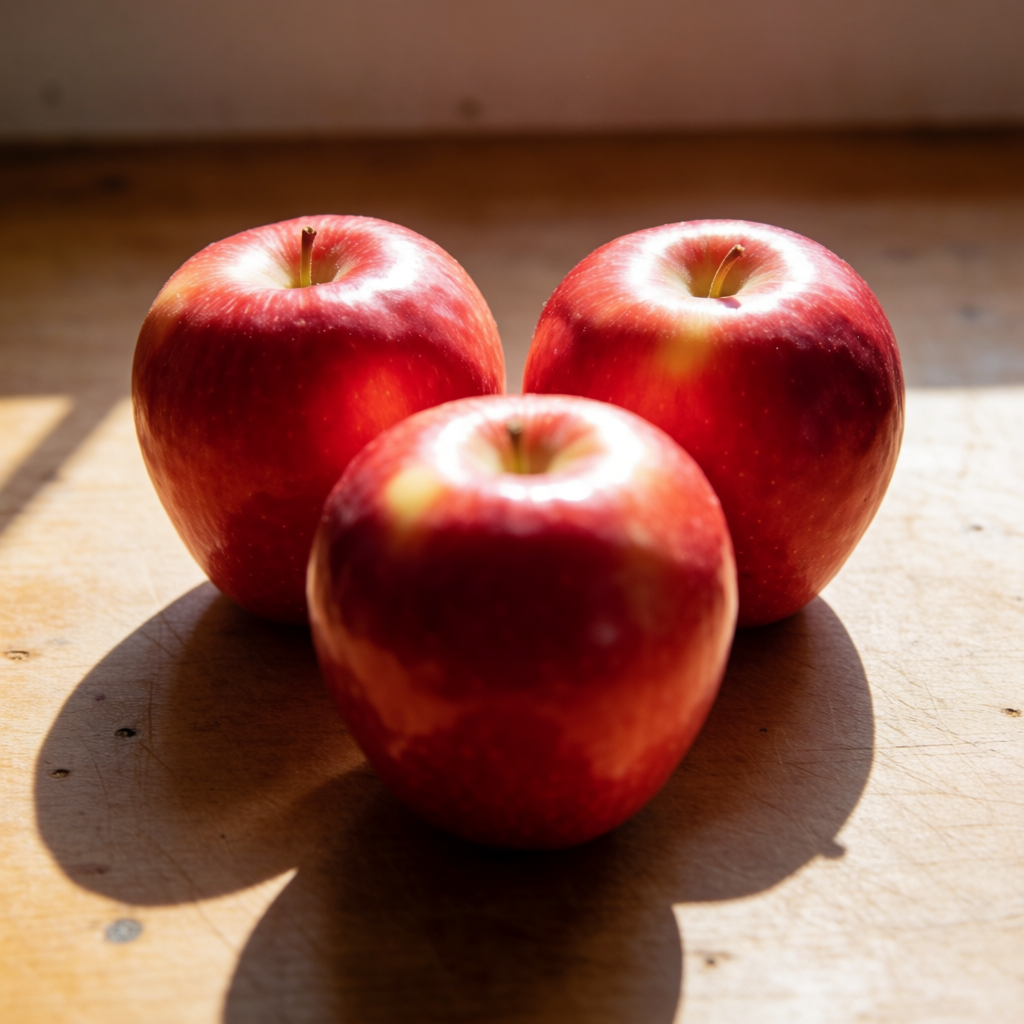 Exactly 3 red apples arranged on a wooden table