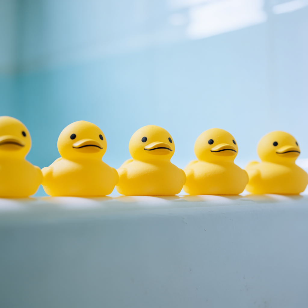Exactly 5 yellow rubber ducks sitting in a row on a bathroom