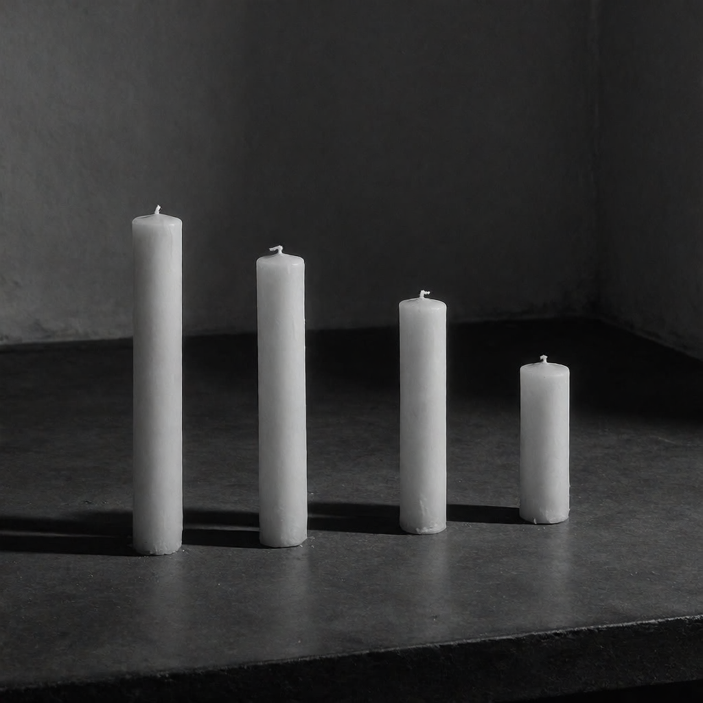 Exactly 4 white candles standing on a dark surface