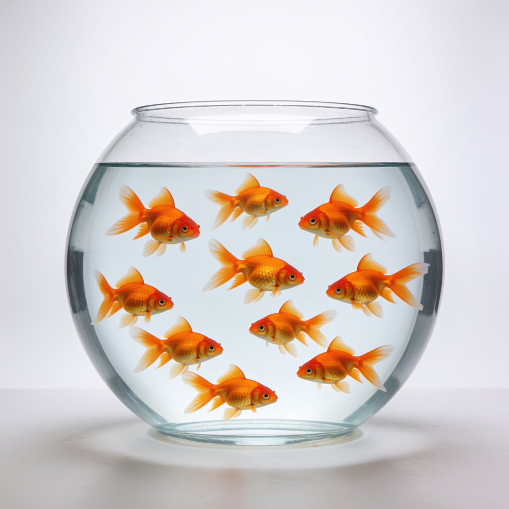 Exactly 9 goldfish swimming in a large round fishbowl