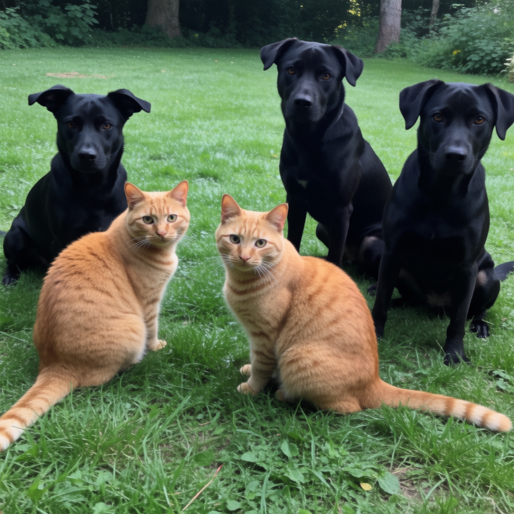 2 orange cats and 3 black dogs sitting together on a grassy 