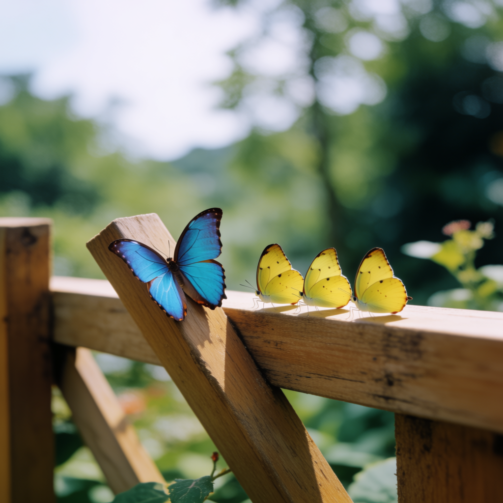 1 blue butterfly and 3 yellow butterflies resting on a garde